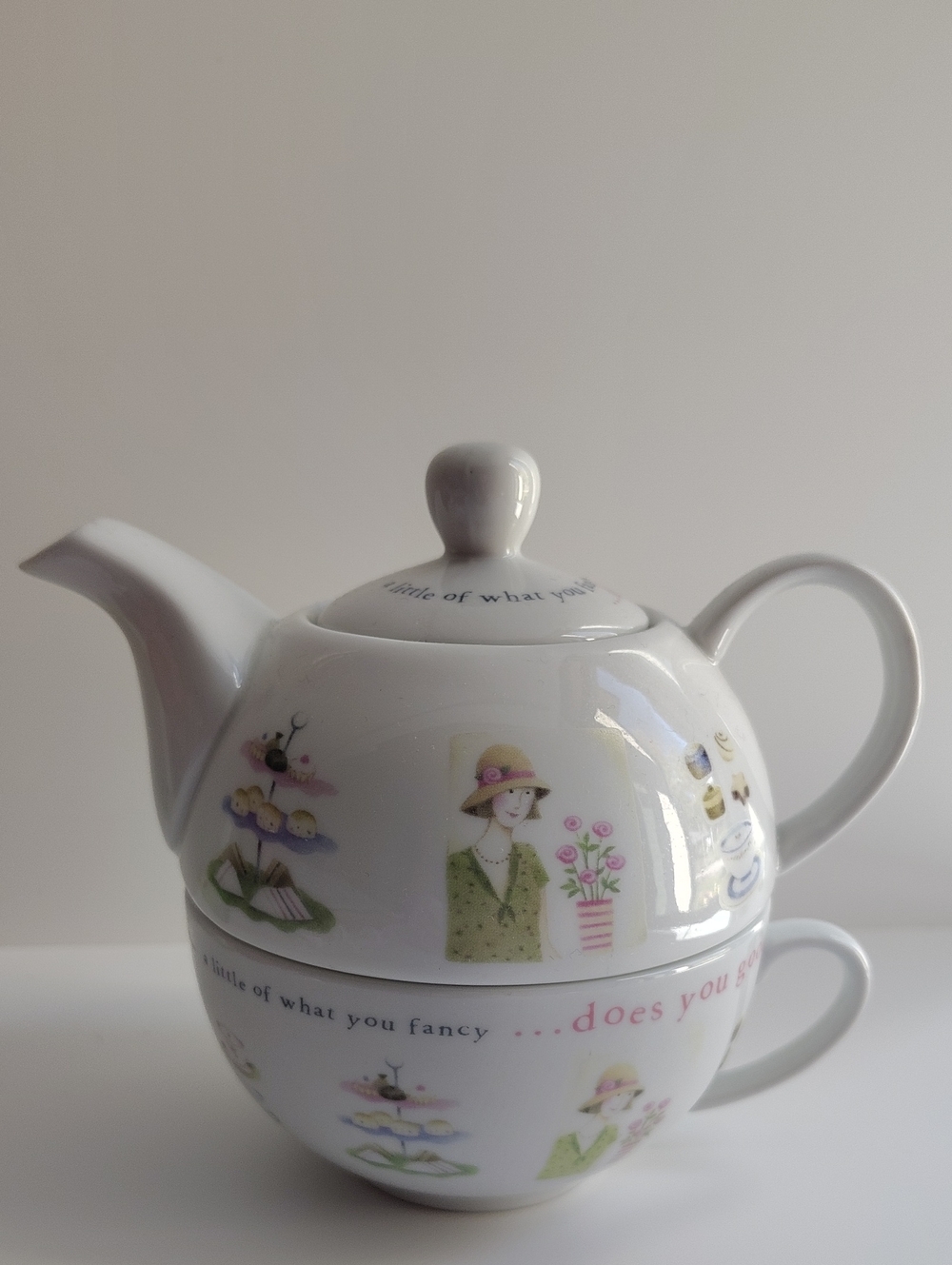 White Ceramic Tea-for-One Mug and Teapot Set with Floral Lady Illustration